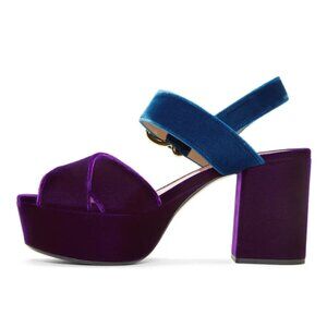 FSJ Blue & Purple Velvet Platform Shoes Cross Strap Block Heel Sandals